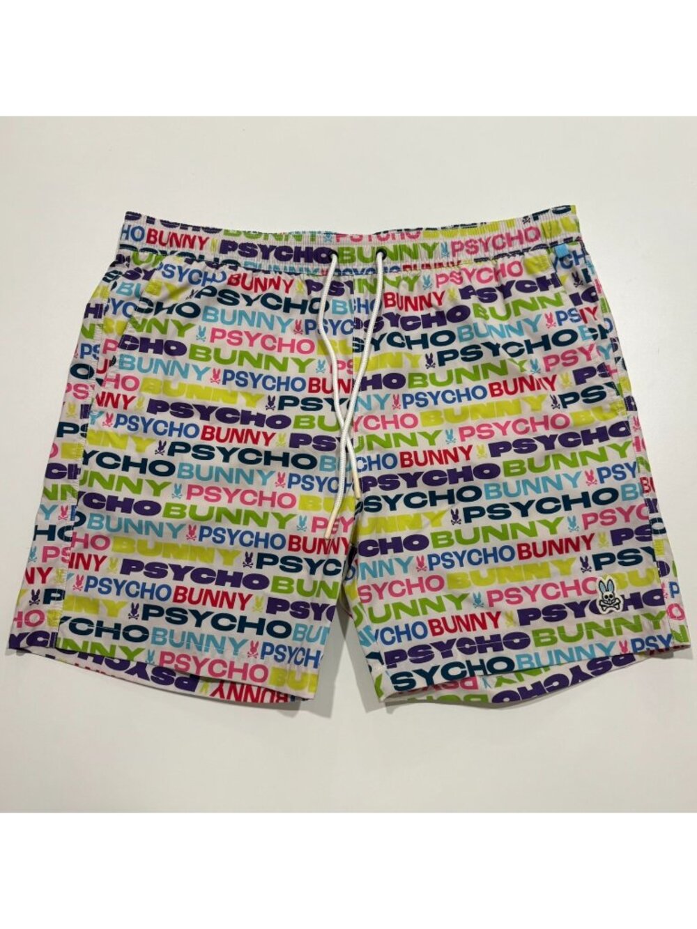 Psycho Bunny Tyrian Mesh Lined Swim Trunks 6" Size L Spell Out Logo White NWOT